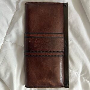 Fossil Brown Leather Frame Wallet Clutch Kiss Lock Vintage Style